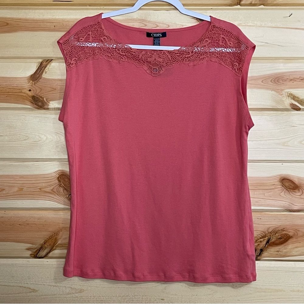 Chaps Spring Ave Salmon Cap Sleeve Tee Top with Lace Trim at Neck Size 1X New